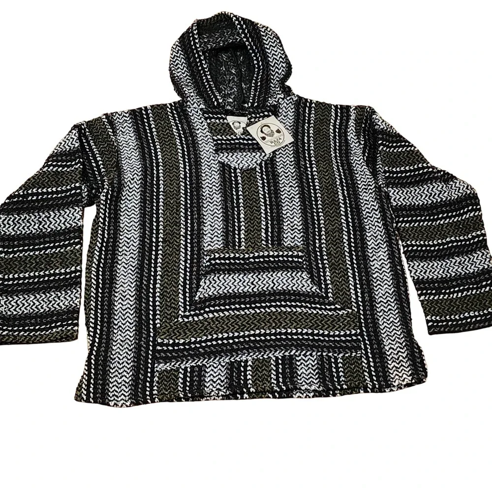 Wild Bill's Baja Co Sweater Mens Large Black Stripe Hooded Knit Baja Pullover
